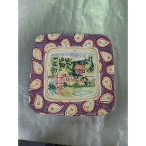 Michal sparks Hand painted Zrike company salad snack plate paisley house & fence